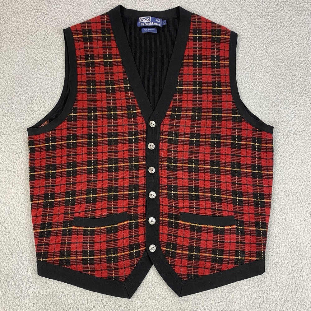 Polo Ralph Lauren Mens Vtg Red Tartan Plaid Lambswool Silk Sweater Vest Large